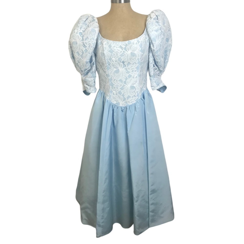 VTG Jessica McClintock Blue and White Lace 1980's Midi Dress SZ 9/10 vintage